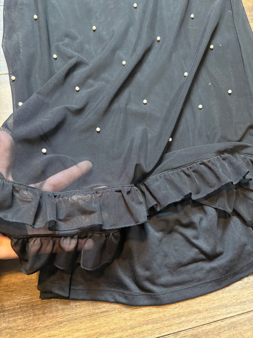 Sz 4 Black Dress Sheer Mesh Pearl Studs & Ruffle Hem, Short sleeve mini bodycon - Picture 7 of 11